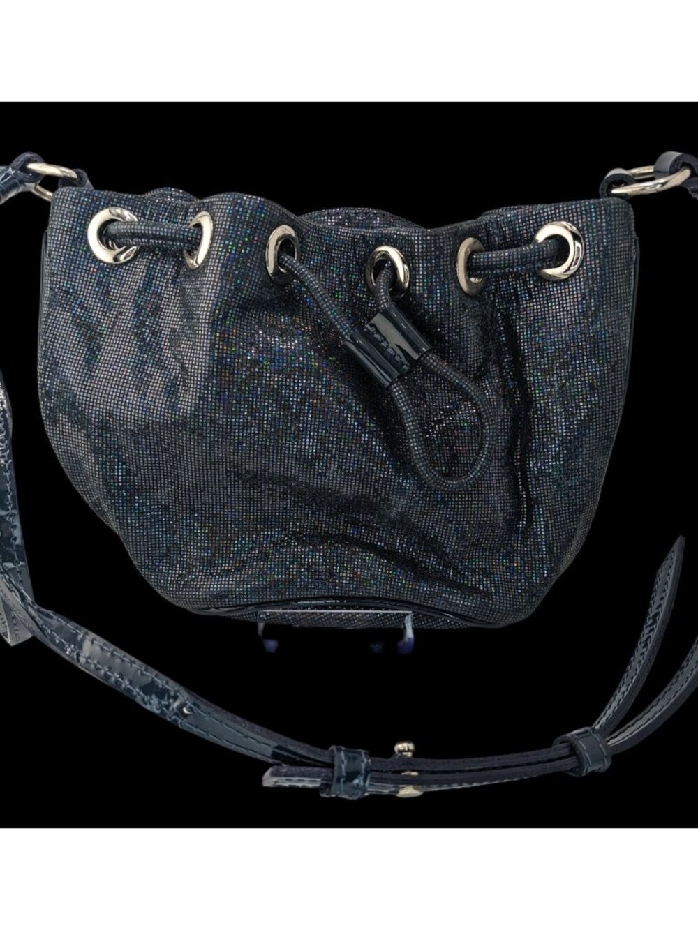 De Maria Navy Prismatic Mini Bucket Bag With Adjustable Strap & Drawstring Closu